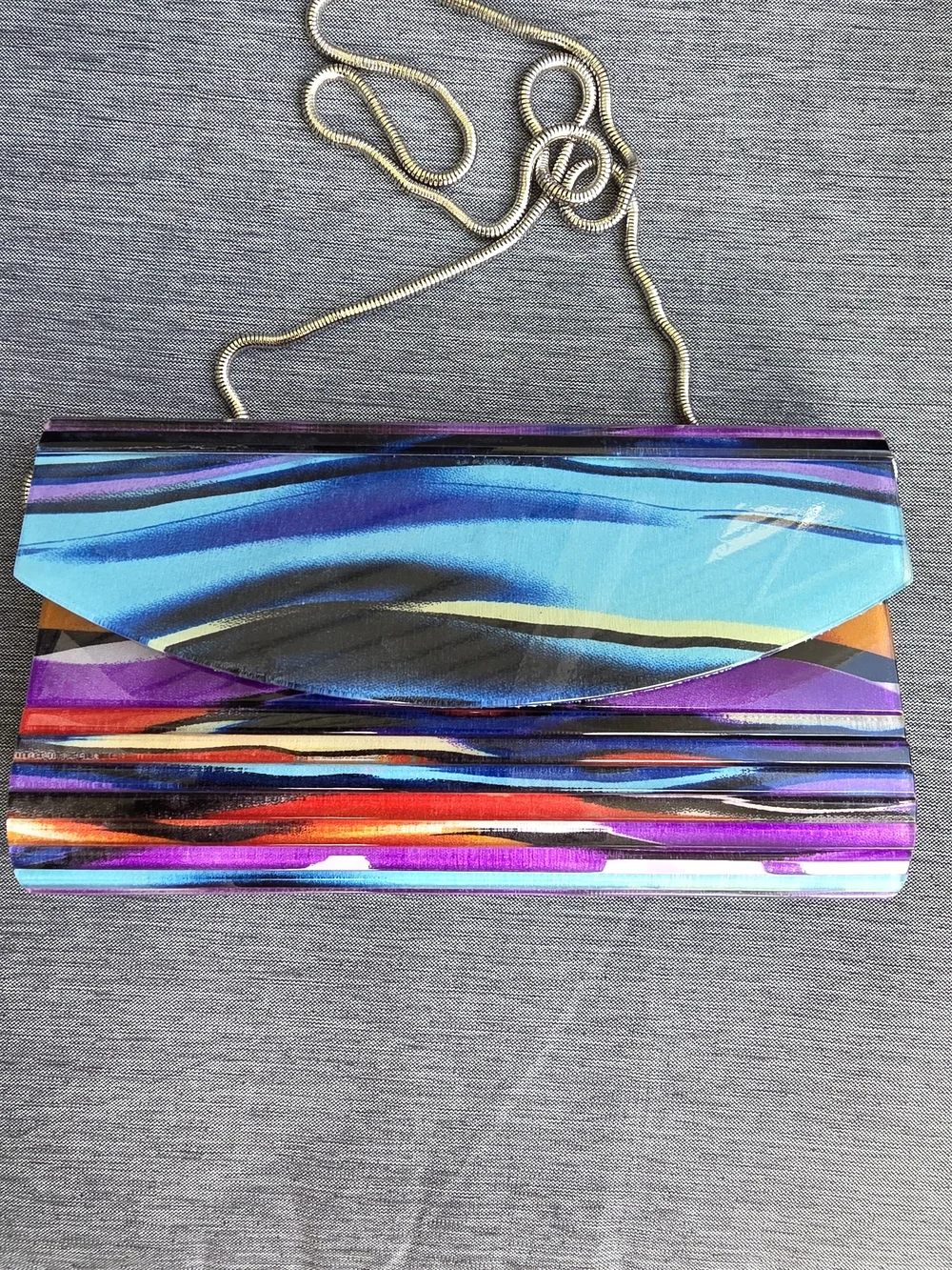 Sondra Roberts Multicolor Wave-Striped Clutch with Gold Chain Strap